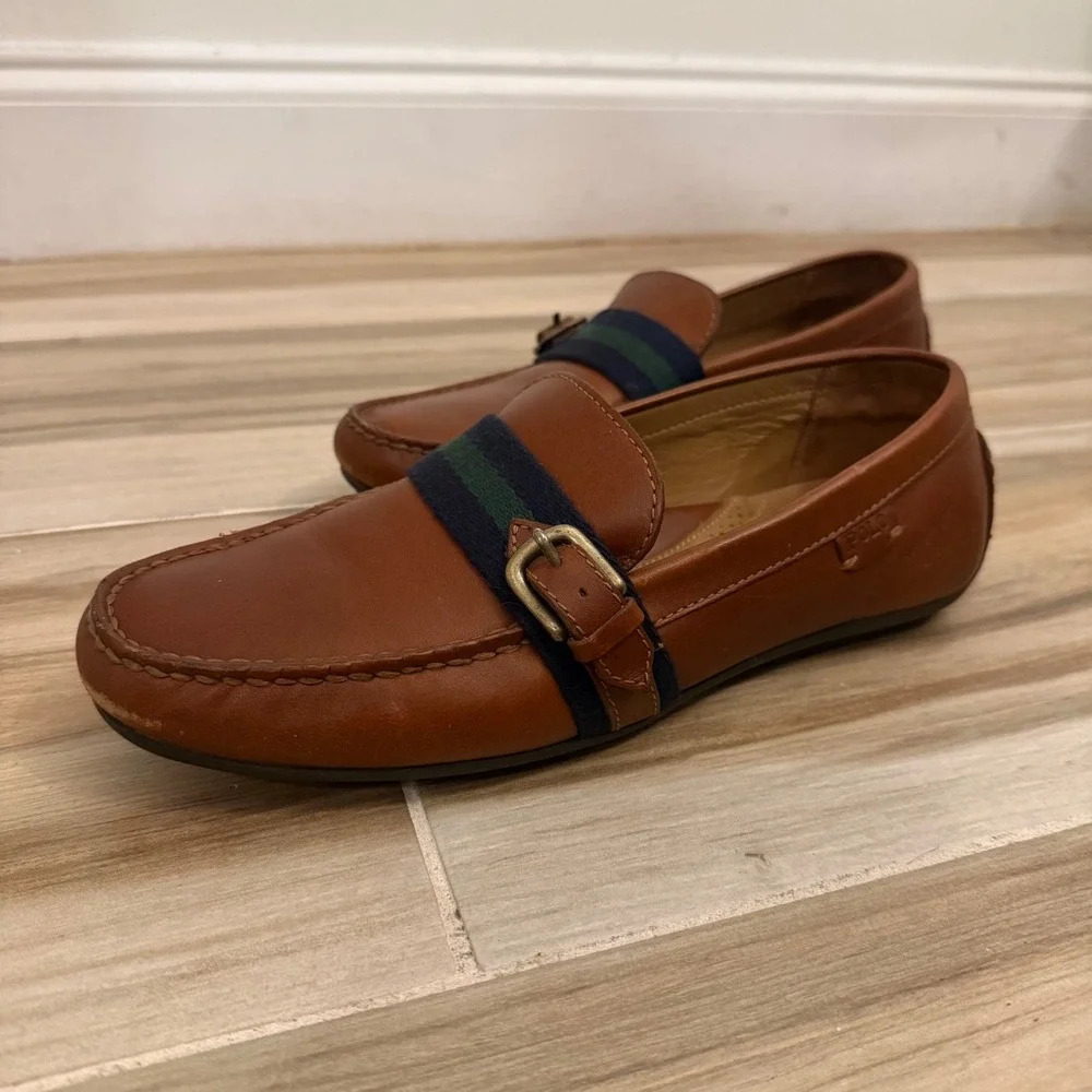 Polo Ralph Lauren Riali Mens Leather Driver Loafers Tan Brown Striped Buckle 9D